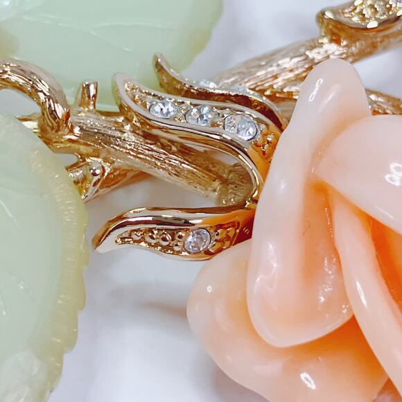 Nolan Miller Ann Margaret Faux Coral & Jade Rose Brooch Pin Rhinestones Large - Picture 11 of 12